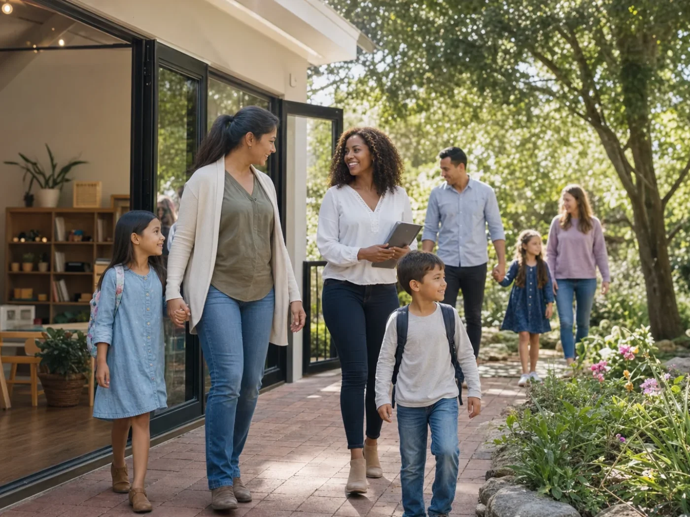Describe educators and families moving through a school garden and campus.