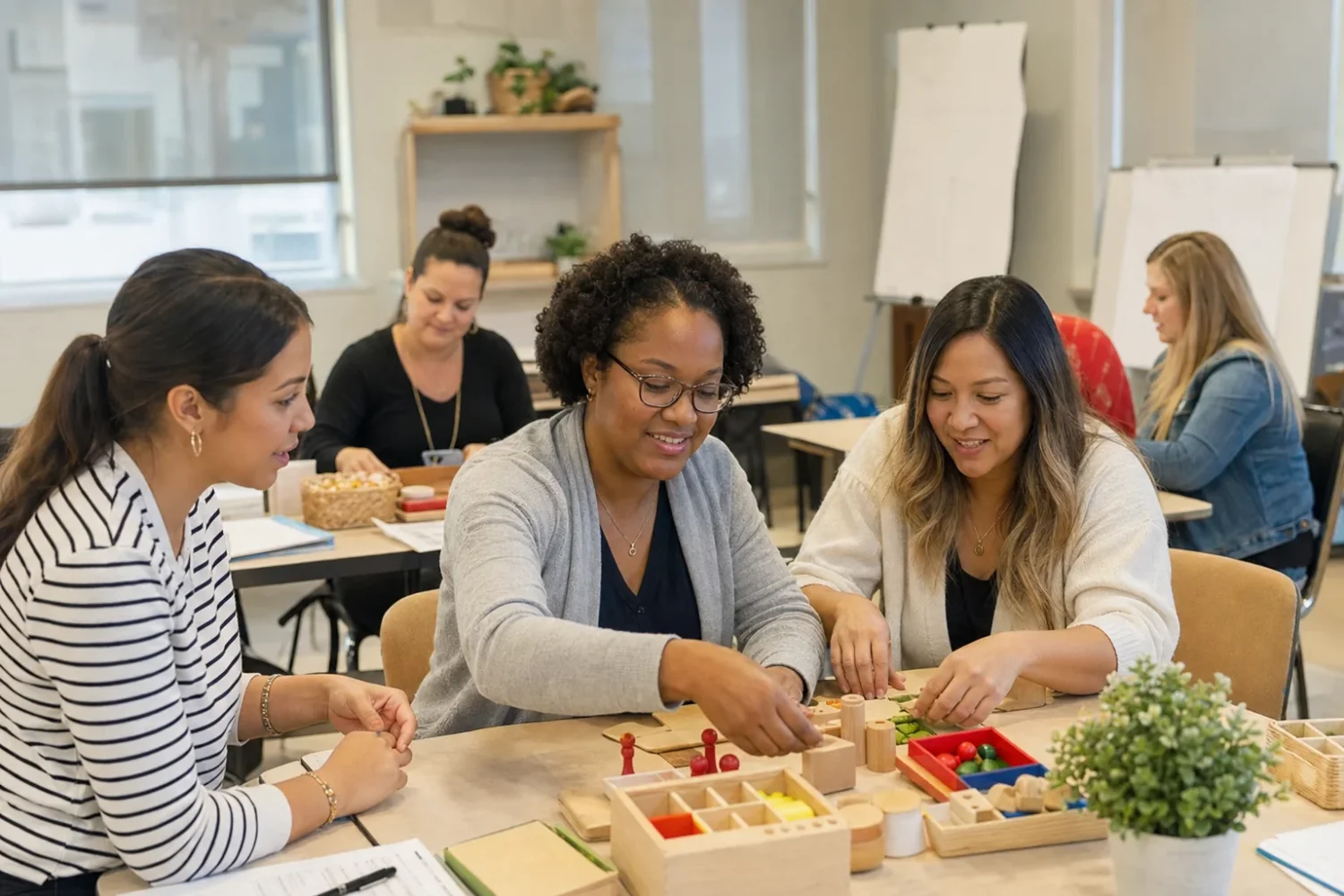 Describe educators practicing with classroom materials in a training room.