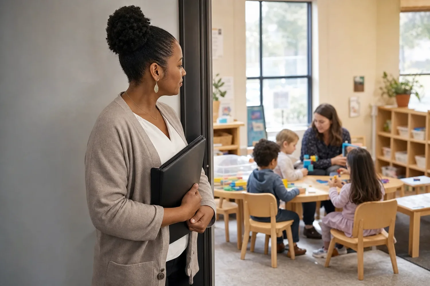 Describe a program leader looking from a doorway into a classroom where children are learning.