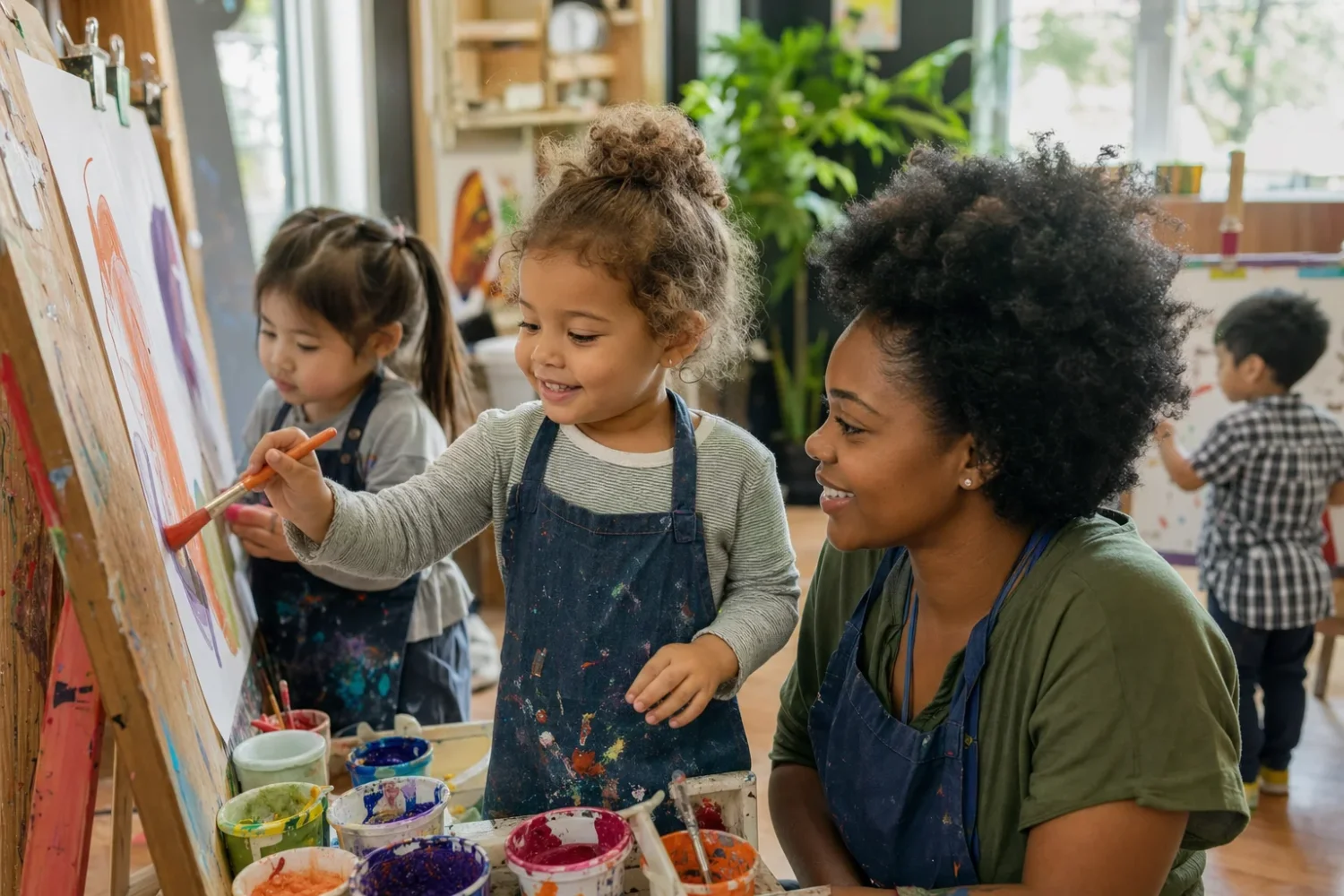 Describe children painting in a well-resourced early-learning classroom.