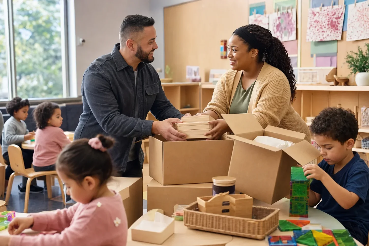 Describe adults unpacking plain classroom supplies while children learn nearby.