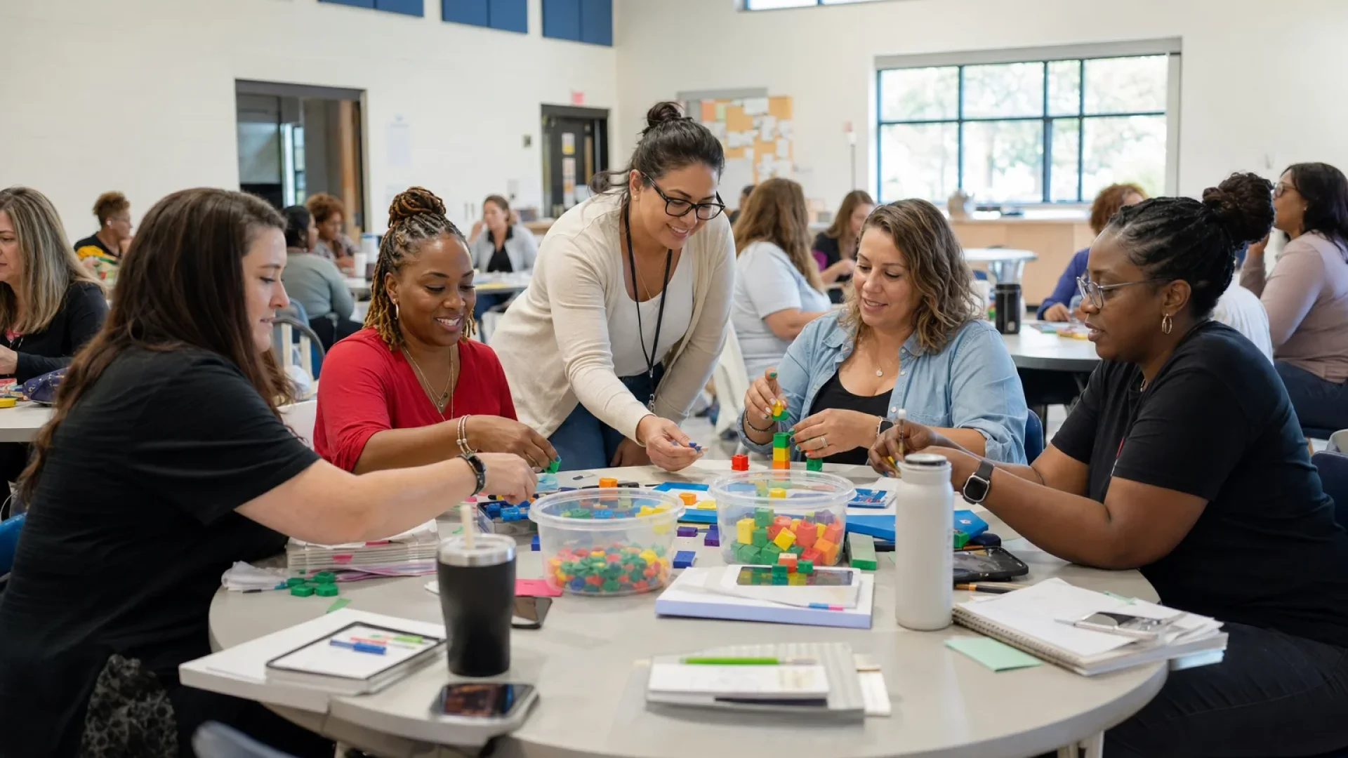 Describe educators practicing together in a plain school workshop room.
