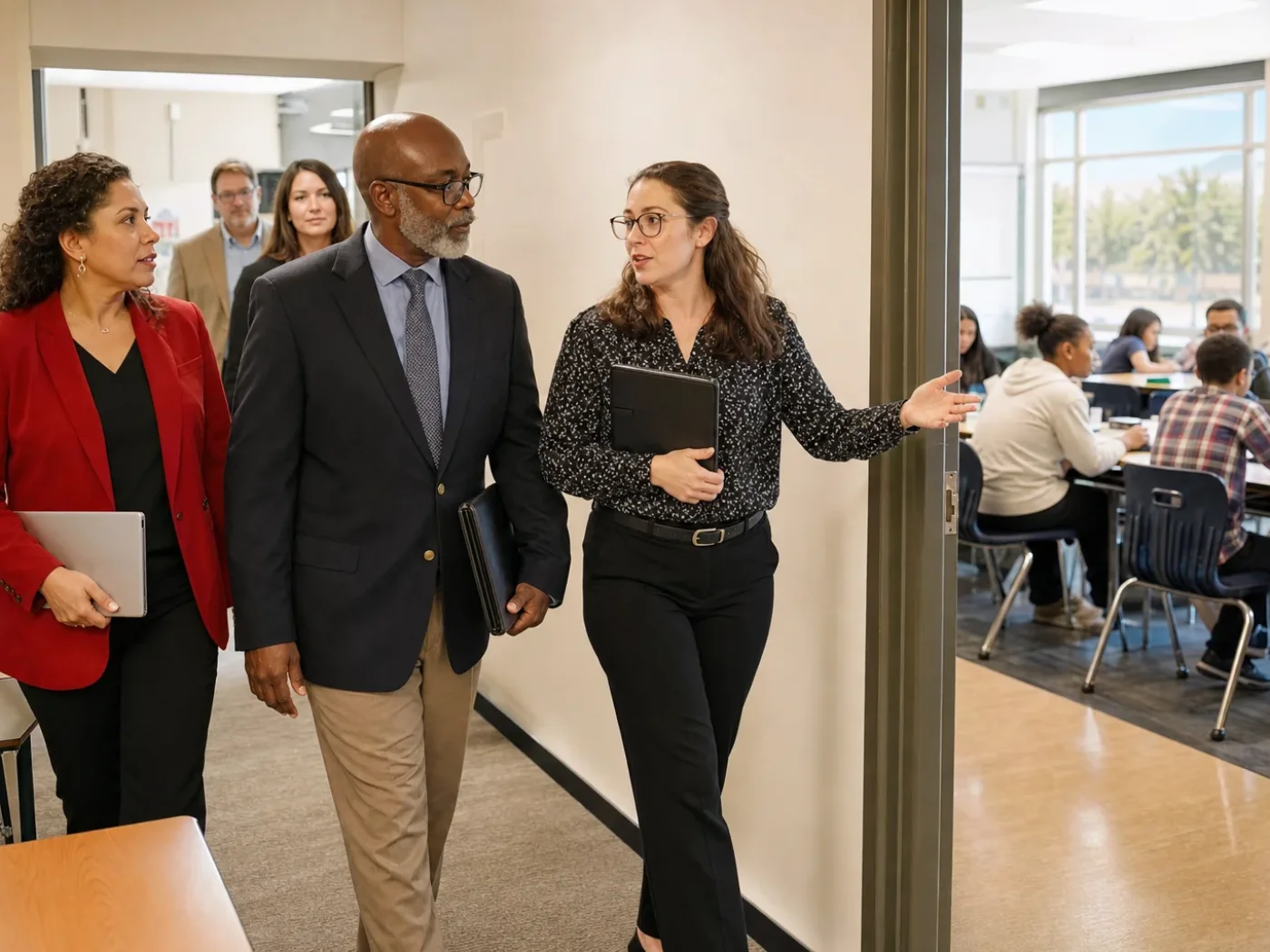 Describe educators walking toward a classroom in a plain institutional building, without logos or seals.