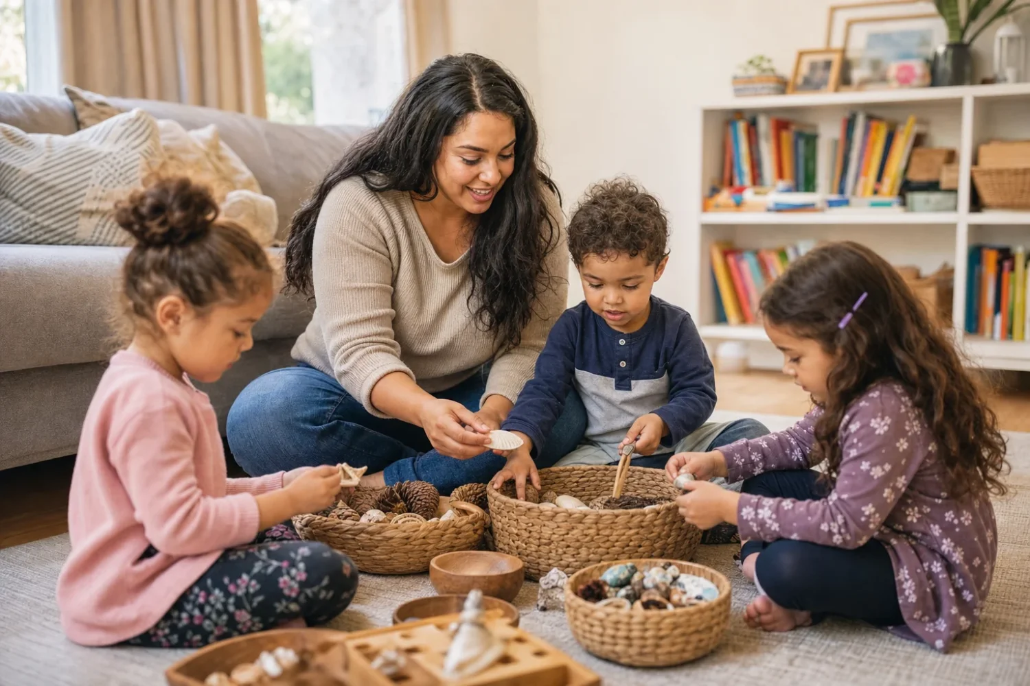 Describe a provider and a few children learning together in a home living room.