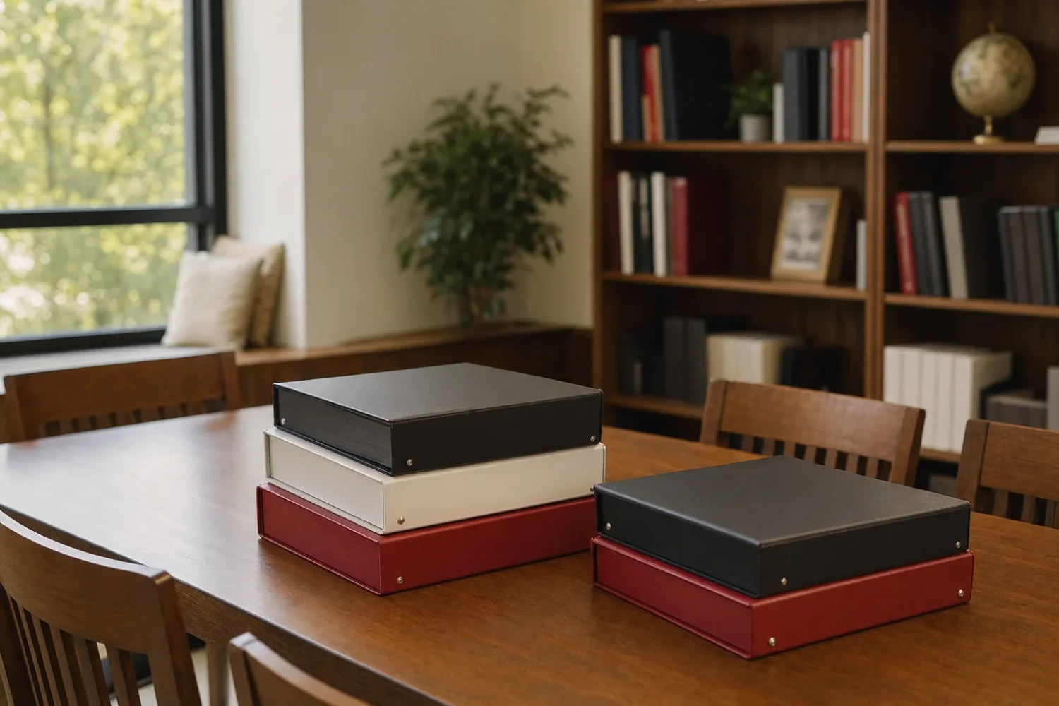 Describe a quiet reading room with closed, unreadable binders and no people.