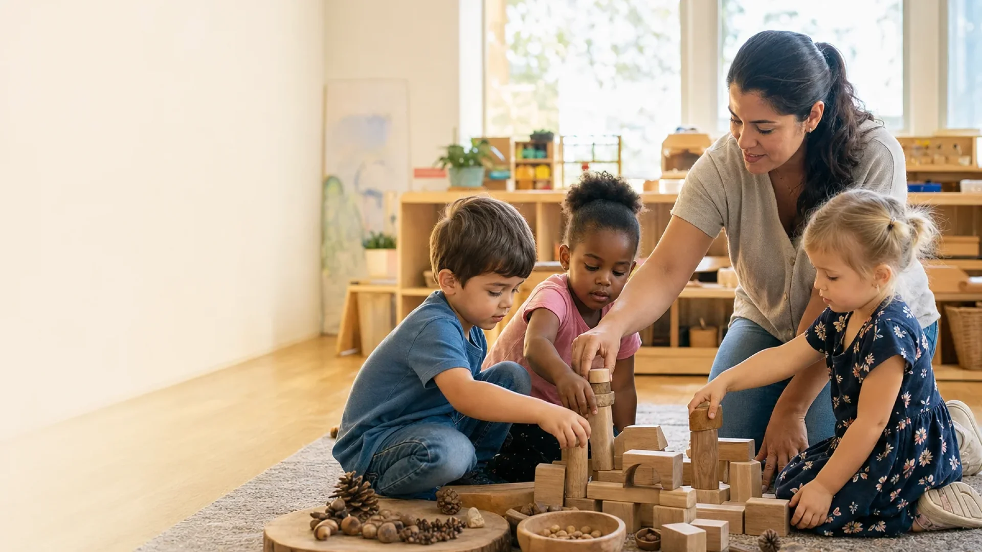 Describe a welcoming early-learning classroom where an educator guides children as they build with blocks.