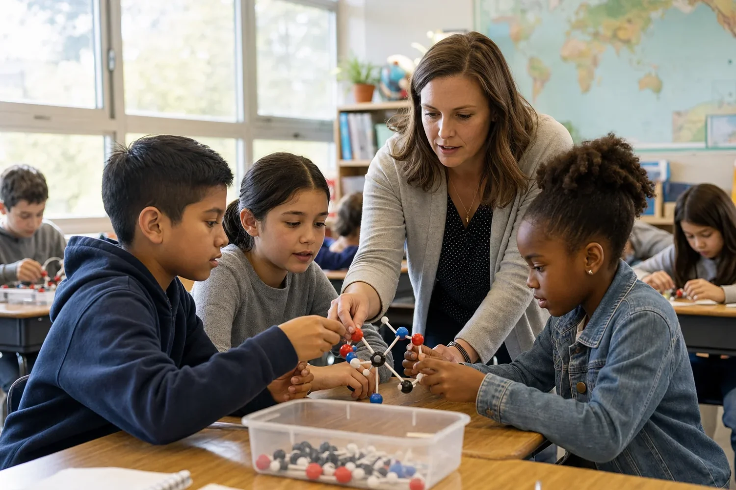 Describe elementary students building a science model in a school classroom.