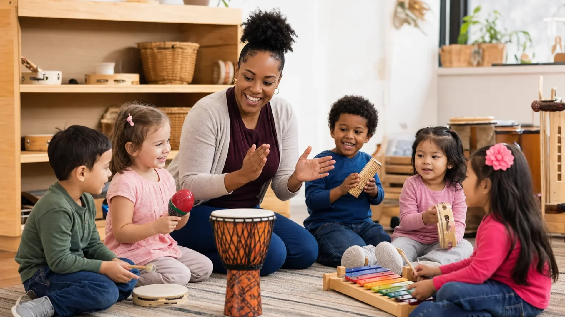 Describe children making music with an educator in a classroom studio corner.
