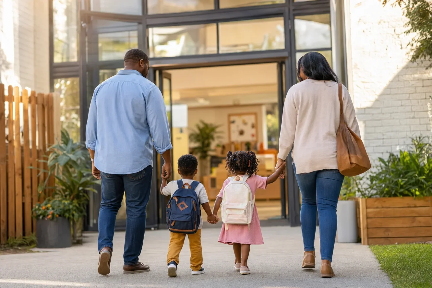 Describe a family walking toward a sunlit early-learning entrance with no signage.