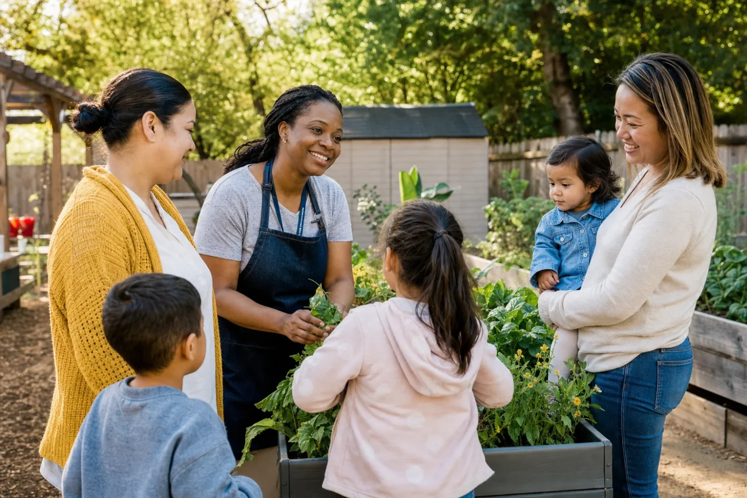 Describe families and educators together in a school garden, without identifying them as quoted speakers.